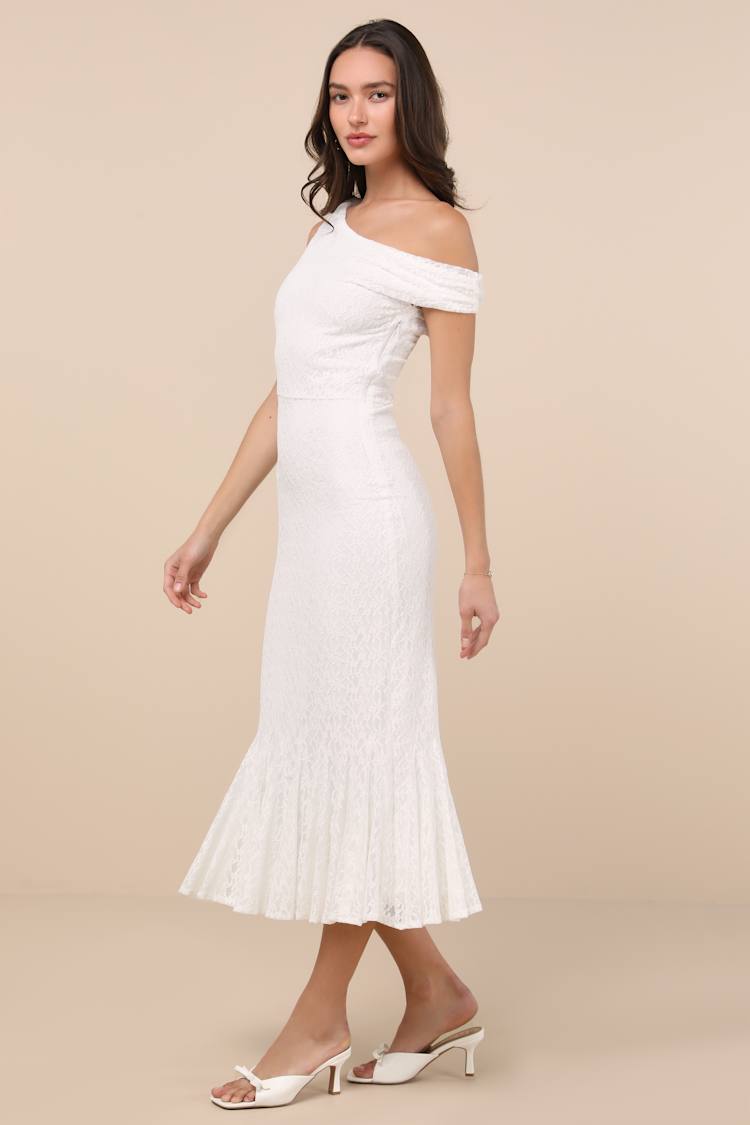Nadie White Lace Asymmetrical Midi Dress