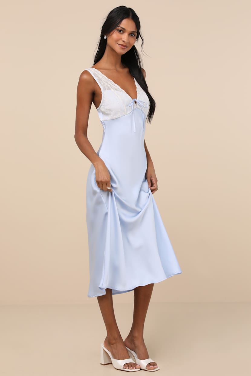 Flirtatious Always Pale Blue Satin Lace Midi Slip Dress