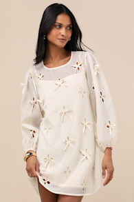 Aamira Cream Embroidered Bow Blouson Sleeve Shift Mini Dress