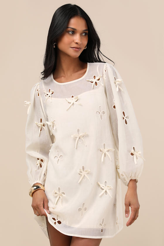 Aamira Cream Embroidered Bow Blouson Sleeve Shift Mini Dress 1
