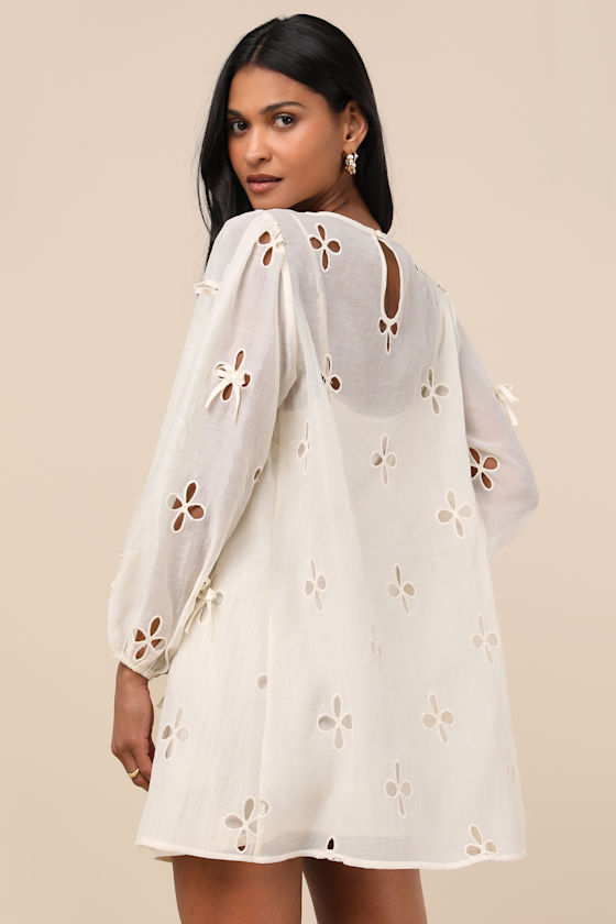Lulus Aamira Cream Embroidered Bow Blouson Sleeve Shift Mini Dress In White