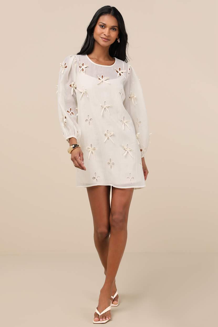 Cream Mini Dress - Embroidered Shift Dress - Blouson Sleeve Dress - Lulus