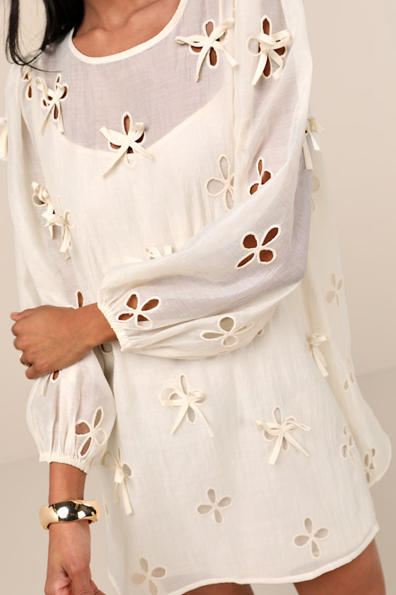 Lulus Aamira Cream Embroidered Bow Blouson Sleeve Shift Mini Dress In White