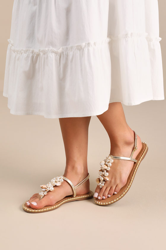 Bryelea Gold Pearl Shell Flat Sandals 5