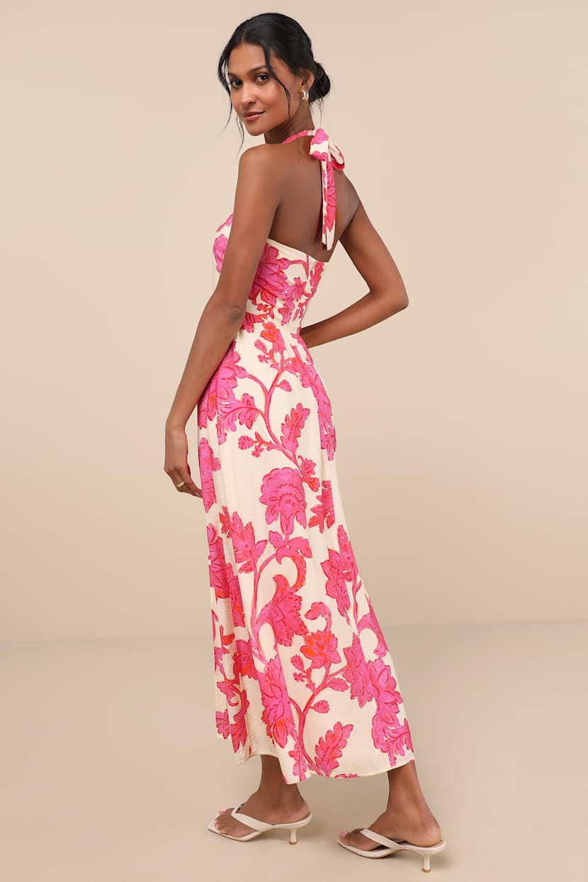 Pink & Cream Floral Dress - Halter Neck Maxi Dress - Floral Dress - Lulus