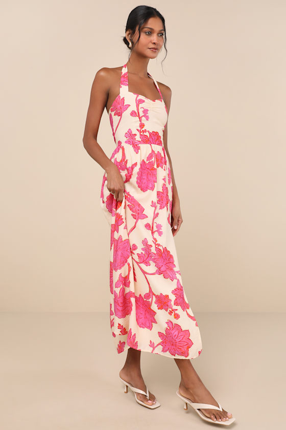 【Since Then】Pink Halter Floral Vacation Summer Dress Pink Floral Print Dress - Pink Midi Dress - Pink Floral