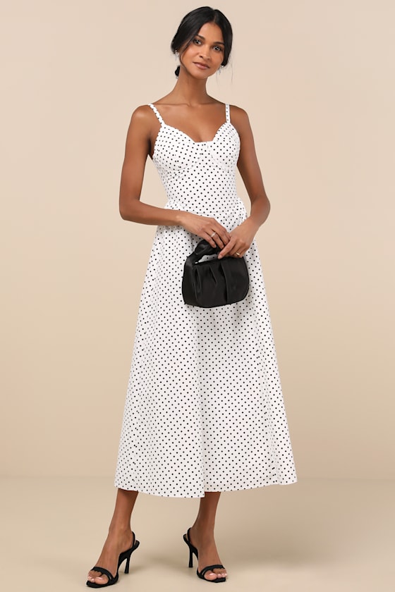 Lulus Veris White Polka Dot Bustier Midi Dress In White