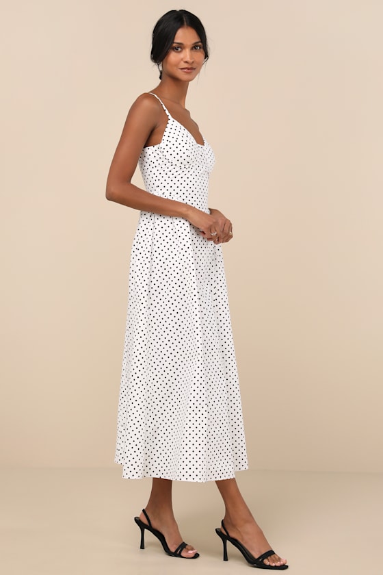 Lulus Veris White Polka Dot Bustier Midi Dress In White
