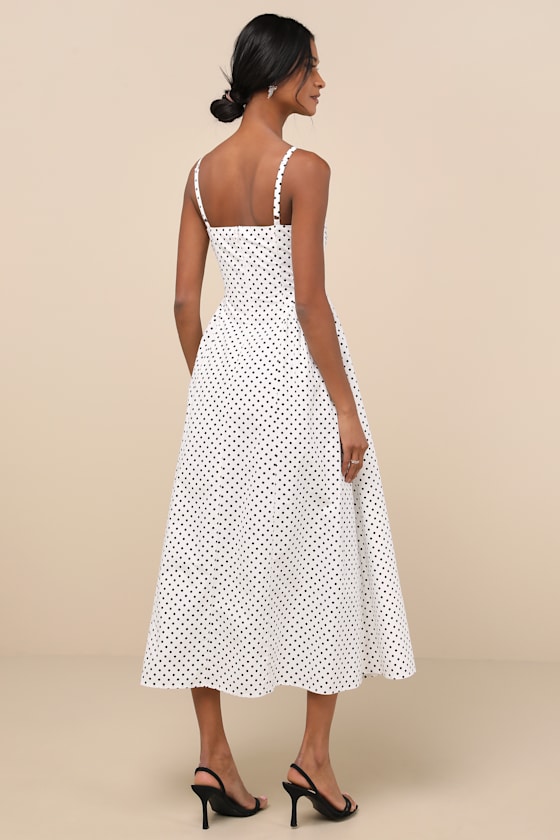 Lulus Veris White Polka Dot Bustier Midi Dress In White