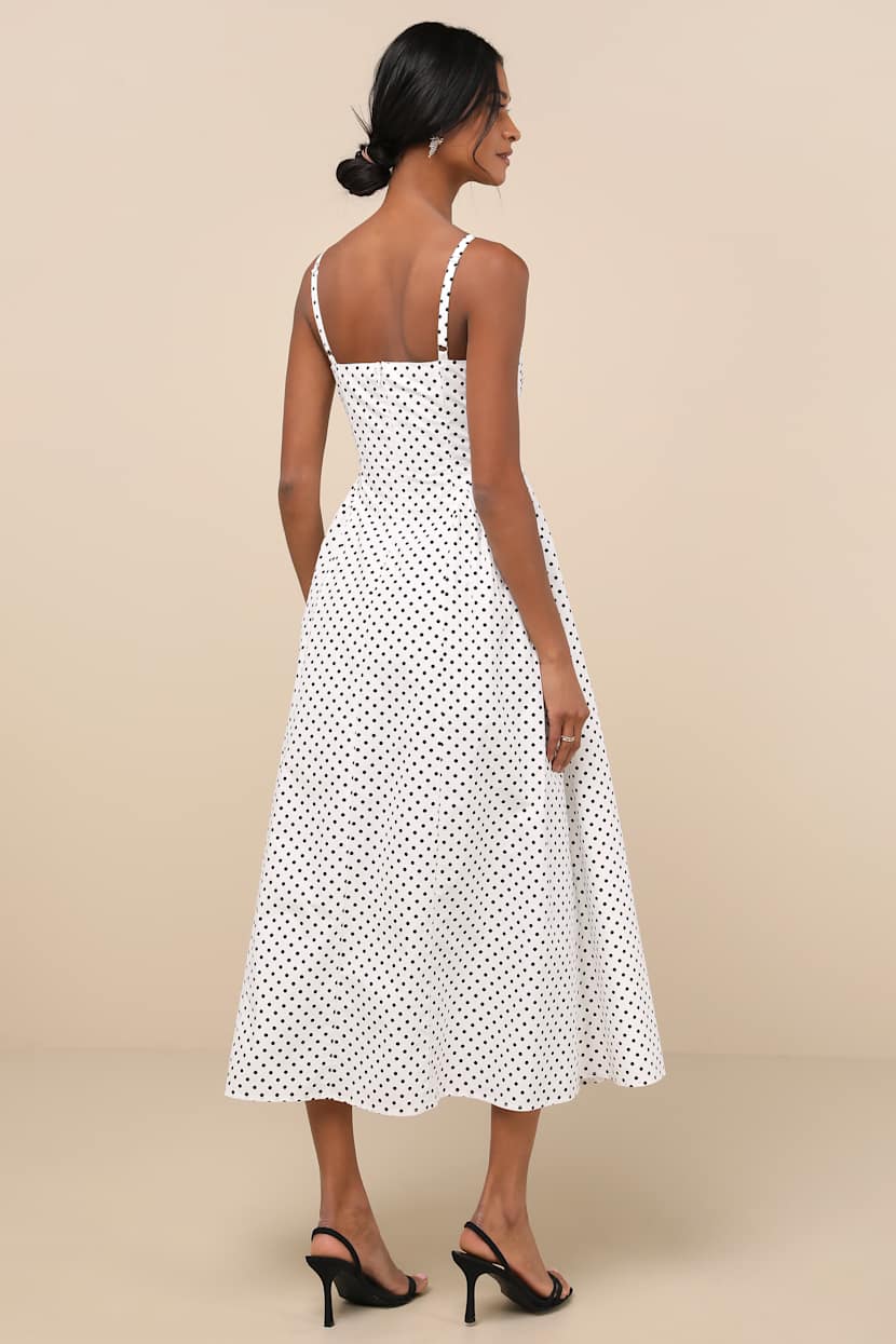 Veris White Polka Dot Bustier Midi Dress