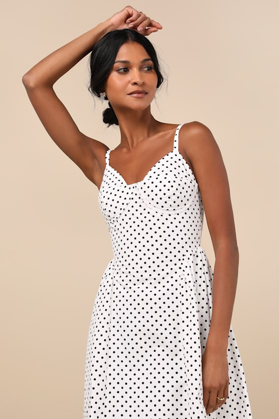 Lulus Veris White Polka Dot Bustier Midi Dress In White