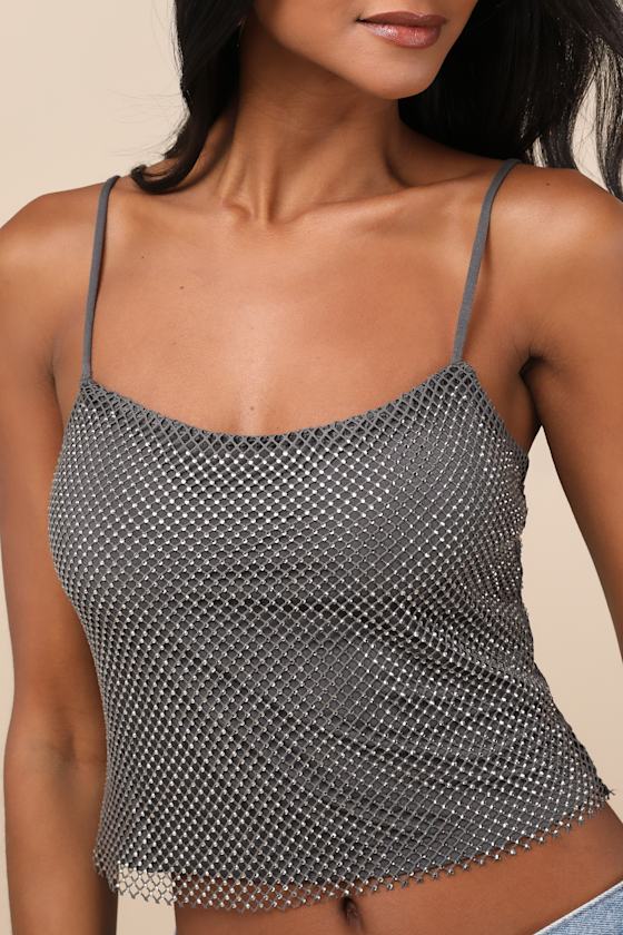 Lulus Kanha Dark Grey Rhinestone Cami Crop Top In Dark Grey