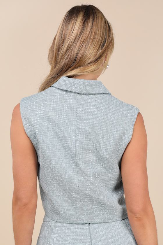 Perfect Company Light Blue Tweed Sleeveless Cropped Blazer