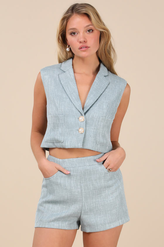 Lulus Perfect Company Light Blue Tweed High-Waisted Shorts