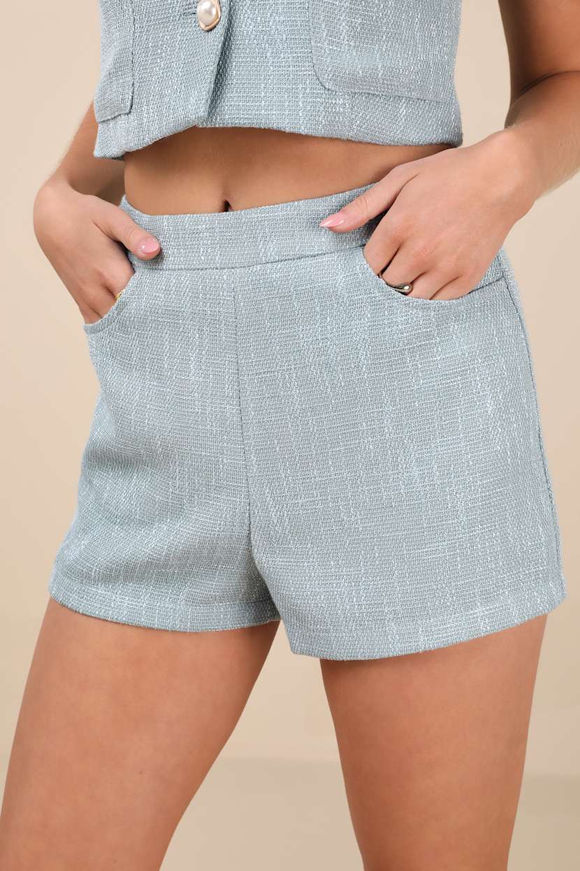 Perfect Company Light Blue Tweed High-Waisted Shorts