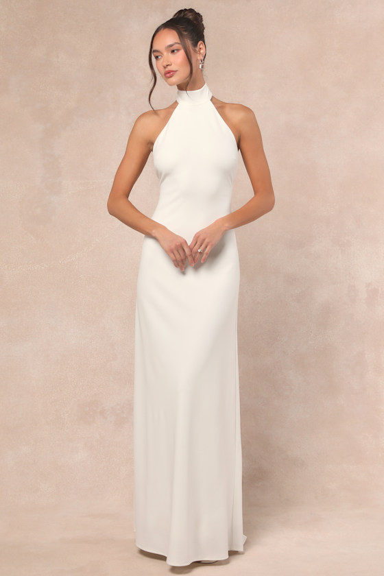 Lulus Alaura White Backless Halter Maxi Dress In White