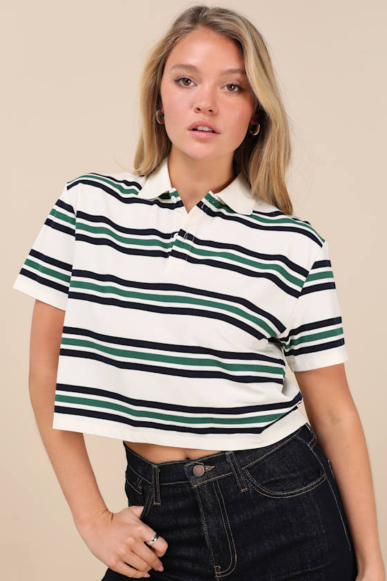 Lulus Astute Cutie White Striped Collared Cropped Polo Top In White