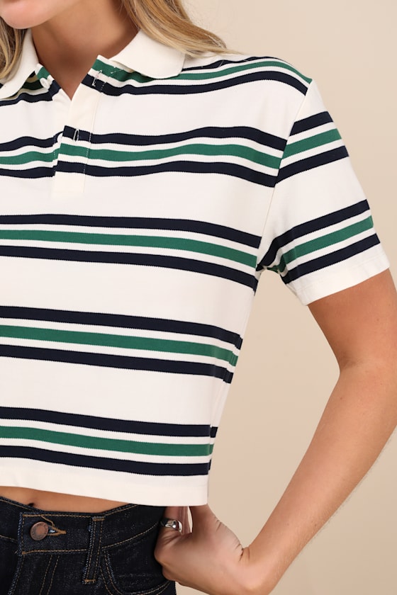 Lulus Astute Cutie White Striped Collared Cropped Polo Top In White
