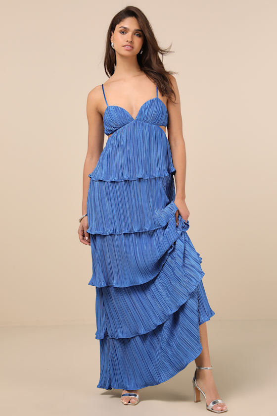 Lulus Kanya Blue Satin Plisse Tiered Maxi Dress In Blue