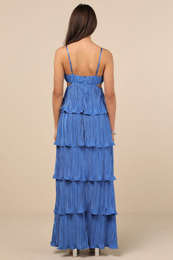 Lulus Kanya Blue Satin Plisse Tiered Maxi Dress In Blue