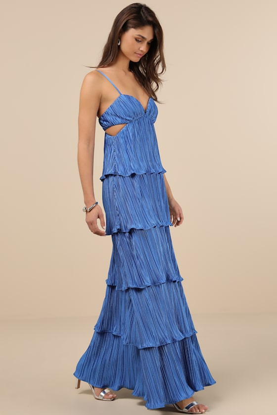 Lulus Kanya Blue Satin Plisse Tiered Maxi Dress In Blue