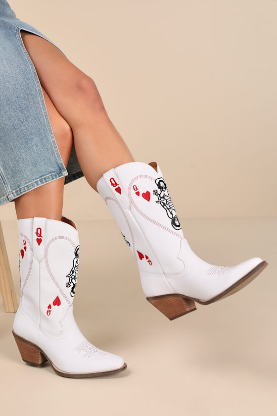 Dingo Queen A Hearts Boots - White Western Boots - Leather Boots