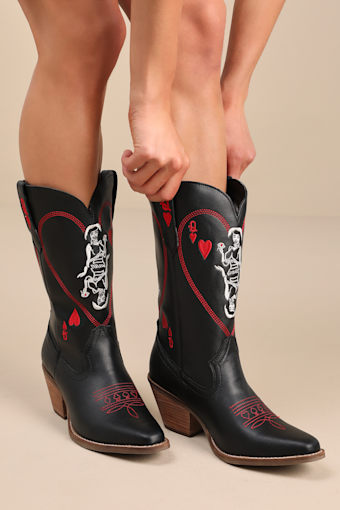 Queen A Hearts Black Leather Knee-High Western Boots 1