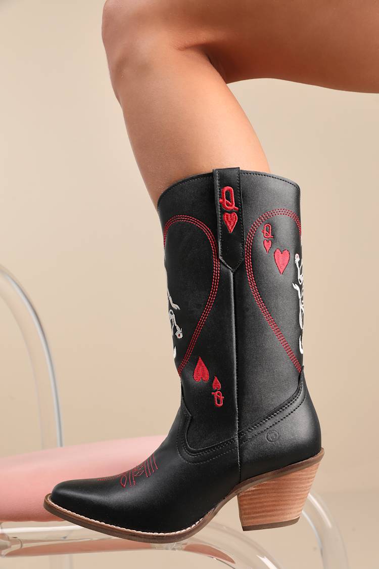 Queen A Hearts Black Leather Knee-High Western Boots