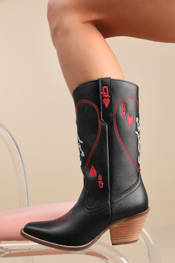 Queen A Hearts Black Leather Knee-High Western Boots 6