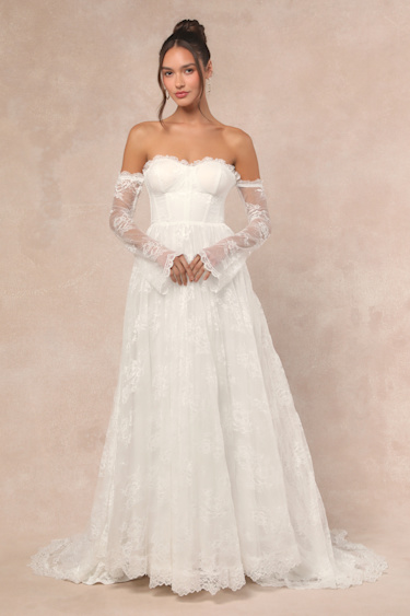 Maurine White Lace Off-the-Shoulder Bustier Maxi Dress