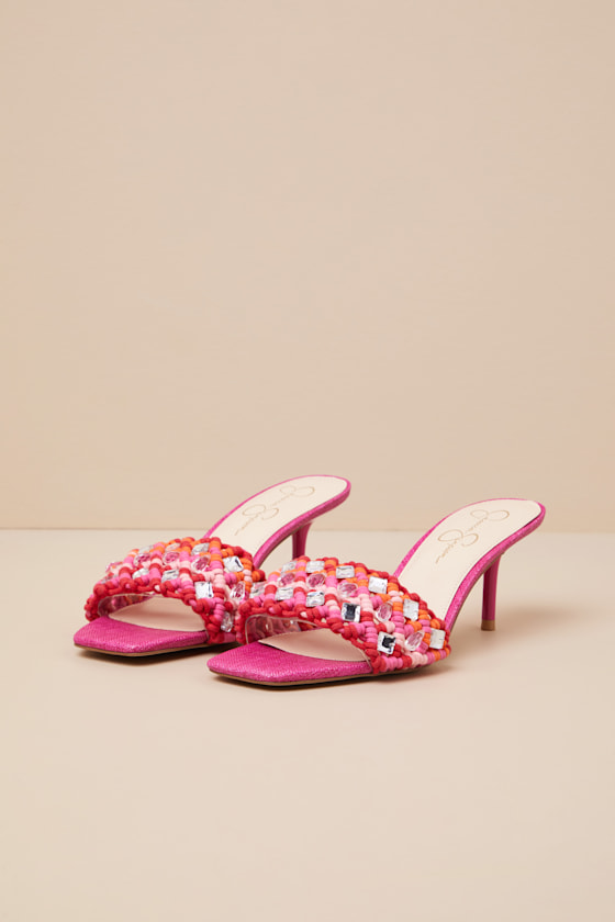 Jessica Simpson Cameleah Bright Orchid Macramã© High Heel Slide Sandals In Pink