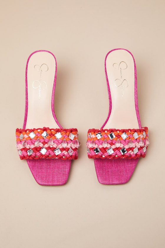 Jessica Simpson Cameleah Bright Orchid Macramã© High Heel Slide Sandals In Pink