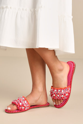 Brennara Bright Orchid Woven Rhinestone Slide Sandals 1