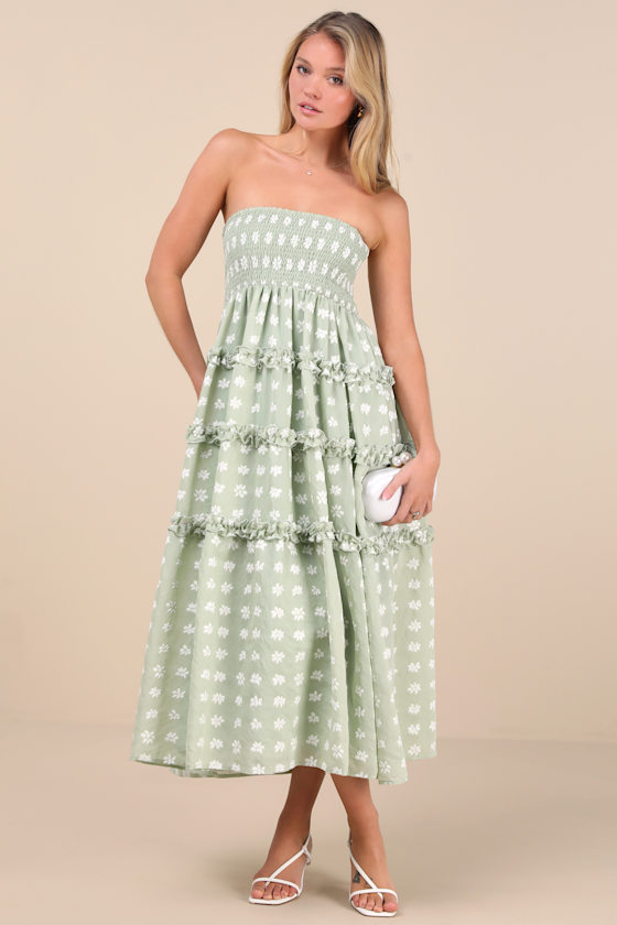 Lulus Beautiful Sentiments Sage Floral Strapless Tiered Midi Dress In Green
