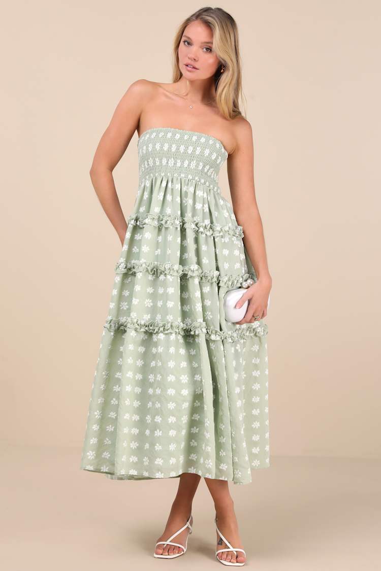 Sage Floral Dress - Strapless Smocked Dress - Tiered Midi Dress - Lulus