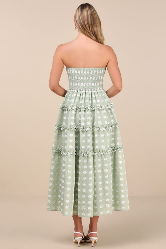 Lulus Beautiful Sentiments Sage Floral Strapless Tiered Midi Dress In Green
