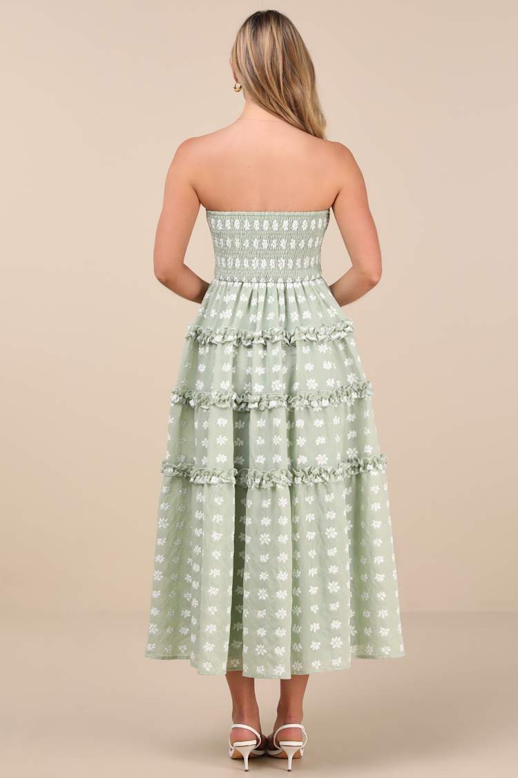 Beautiful Sentiments Sage Floral Strapless Tiered Midi Dress