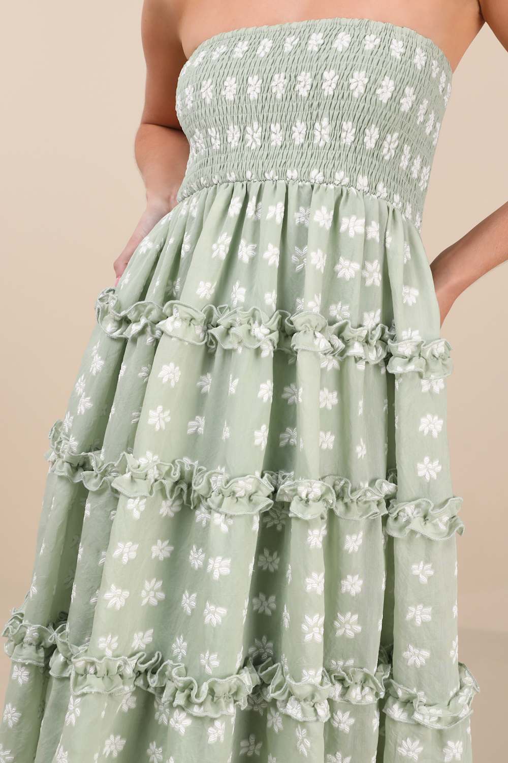 Beautiful Sentiments Sage Floral Strapless Tiered Midi Dress