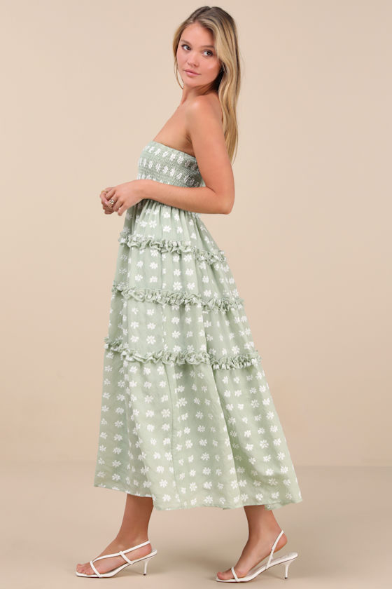 Lulus Beautiful Sentiments Sage Floral Strapless Tiered Midi Dress In Green
