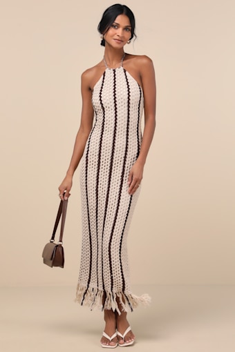Hedia Beige Striped Crochet Halter Fringe Midi Dress 1