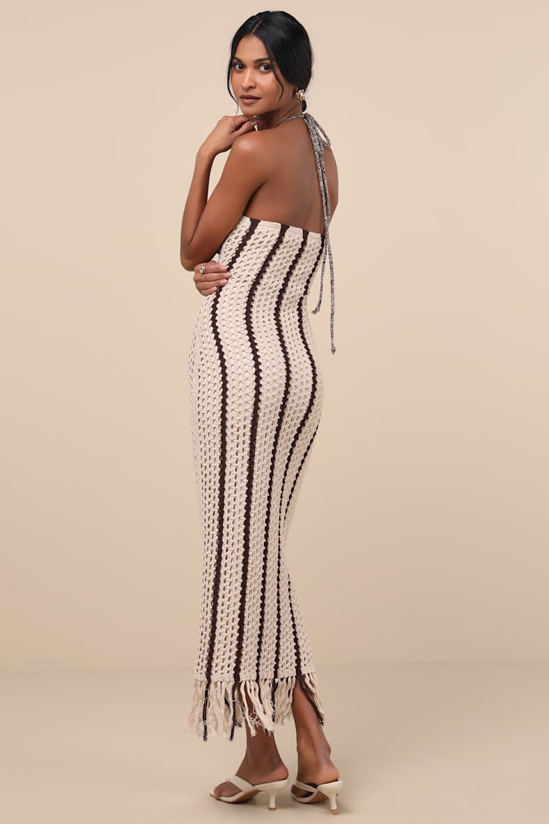 Hedia Beige Striped Crochet Halter Fringe Midi Dress