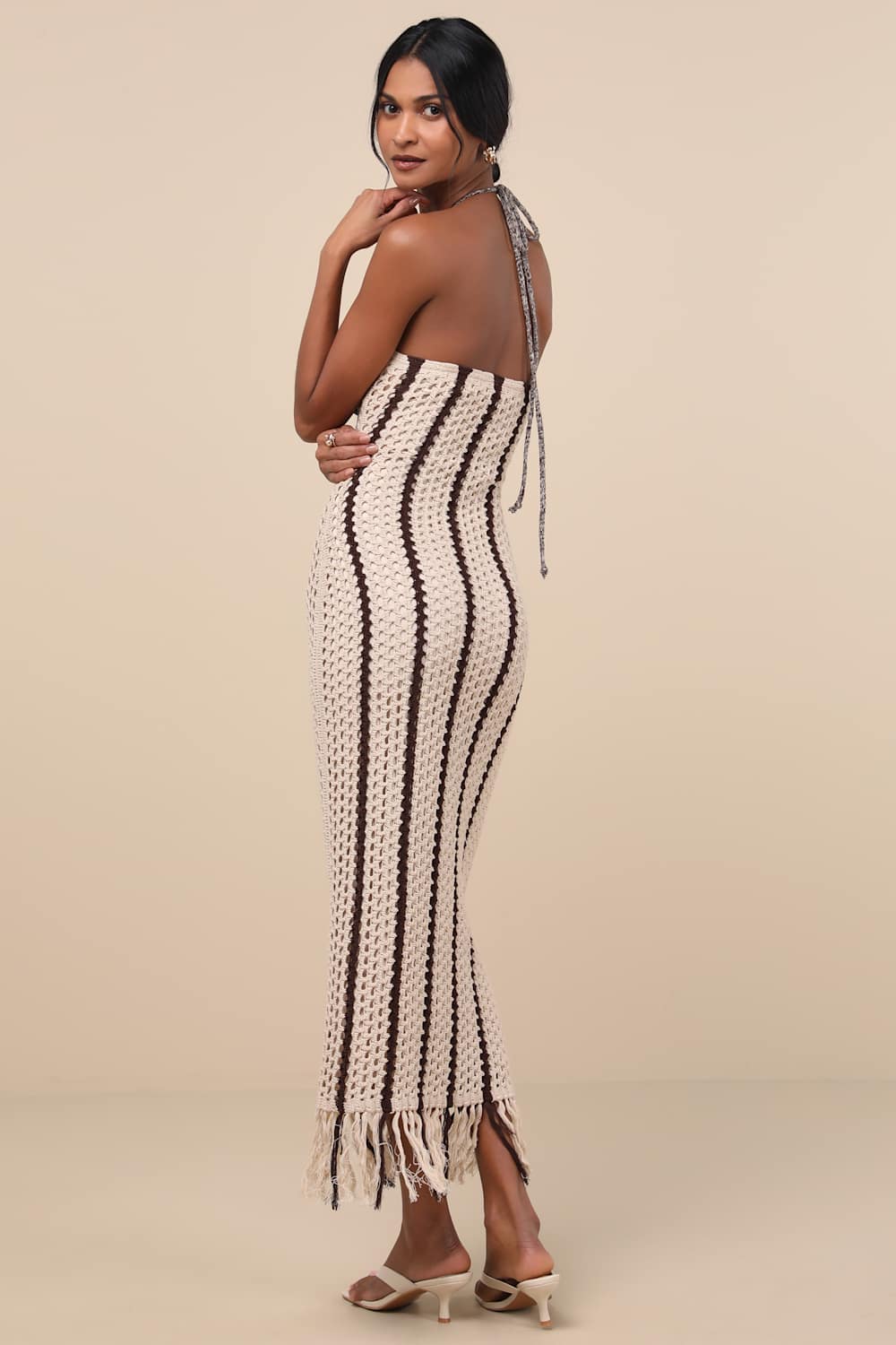 Hedia Beige Striped Crochet Halter Fringe Midi Dress