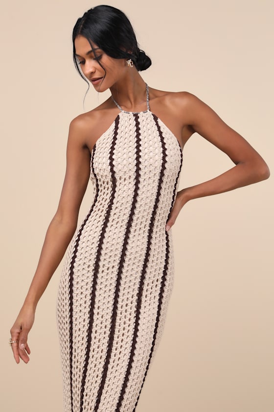 Lulus Hedia Beige Striped Crochet Halter Fringe Midi Dress In Beige