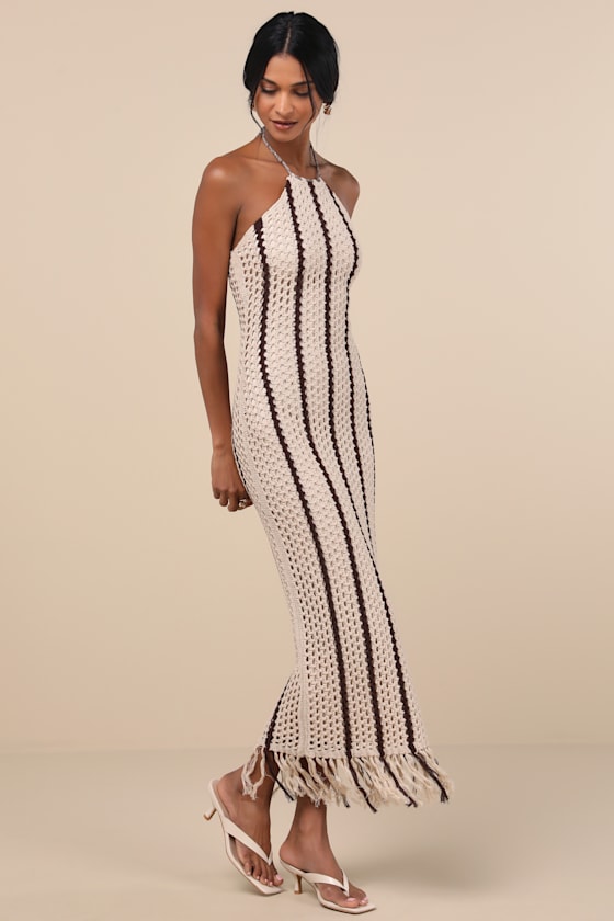Lulus Hedia Beige Striped Crochet Halter Fringe Midi Dress In Beige