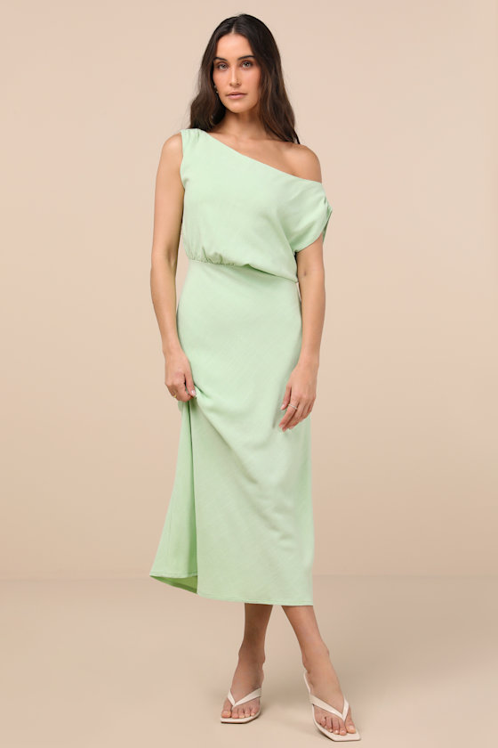 Lulus Casual Enchantment Mint Green Linen Off-the-shoulder Midi Dress In Mint Green