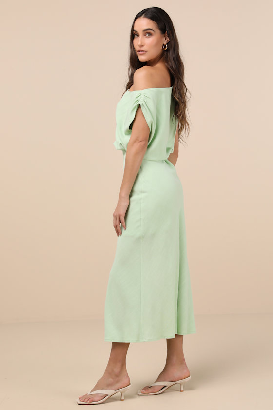Lulus Casual Enchantment Mint Green Linen Off-the-shoulder Midi Dress In Mint Green