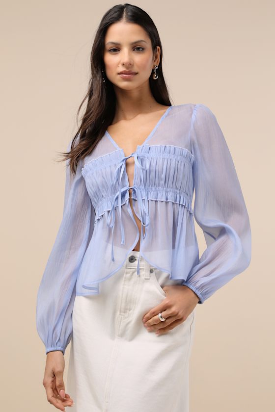 Shop Lulus Kyler Blue Sheer Tie-front Long Sleeve Top