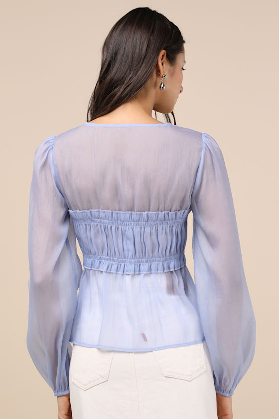 Shop Lulus Kyler Blue Sheer Tie-front Long Sleeve Top
