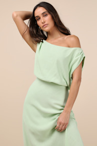 Casual Enchantment Mint Green Linen Off-the-Shoulder Midi Dress