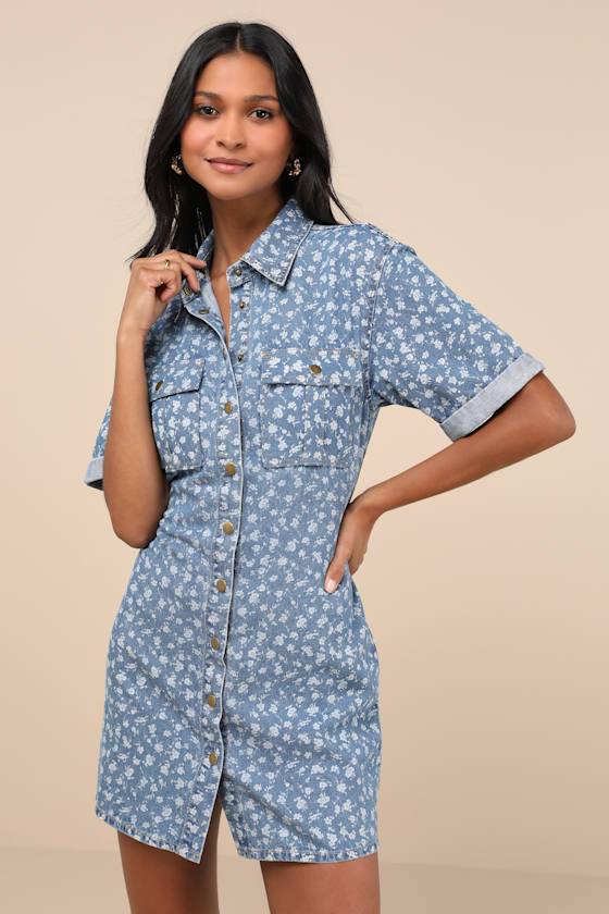 Lulus Renske Light Wash Denim Floral Button-front Mini Dress In Blue